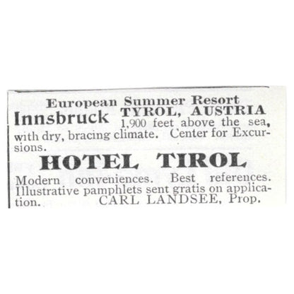 Hotel Tirol Carl Landsee Innsbruck Tyrol Austria 1903 Ad AF8-S35