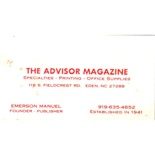 The Advisor Magazine Emerson Manuel Eden NC Vintage Business Card AF1