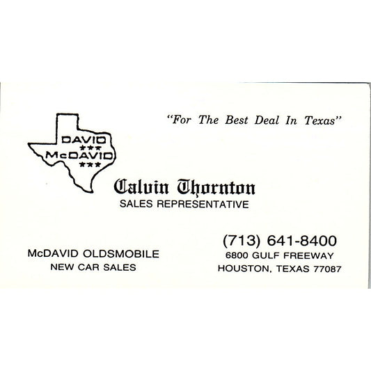 Calvin Thornton McDavid Oldsmobile Houston Vintage Business Card SD9-B7
