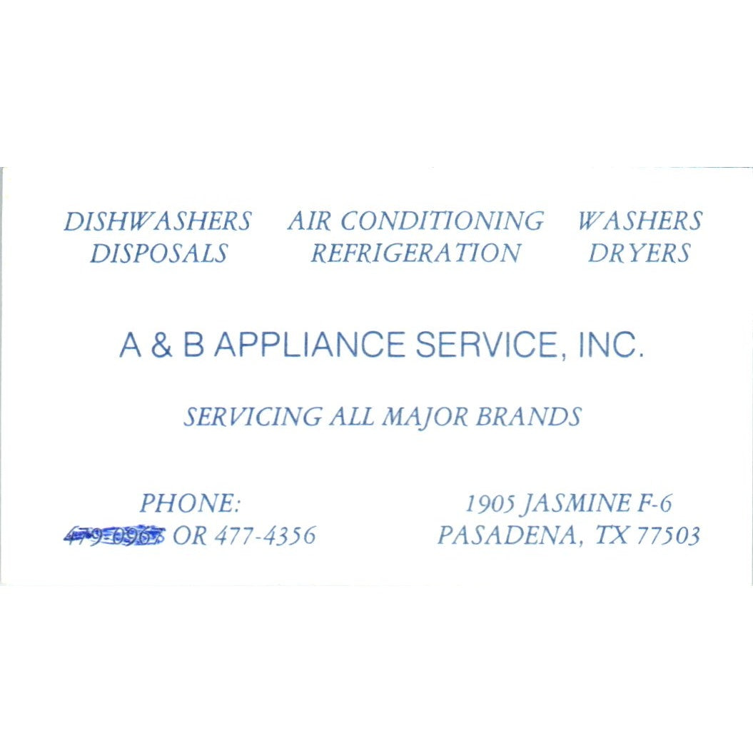 A&B Appliance Service Inc Pasadena TX Vintage Business Card SD8-B13