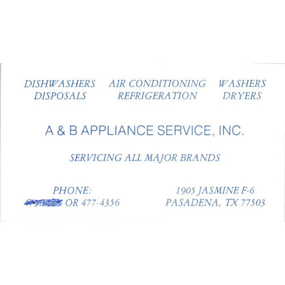 A&B Appliance Service Inc Pasadena TX Vintage Business Card SD8-B13
