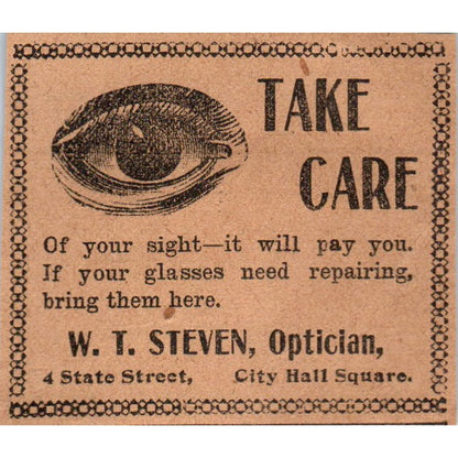 W.T. Steven Optician City Hall Square Hartford 1901 Newspaper Ad AD8-HS5