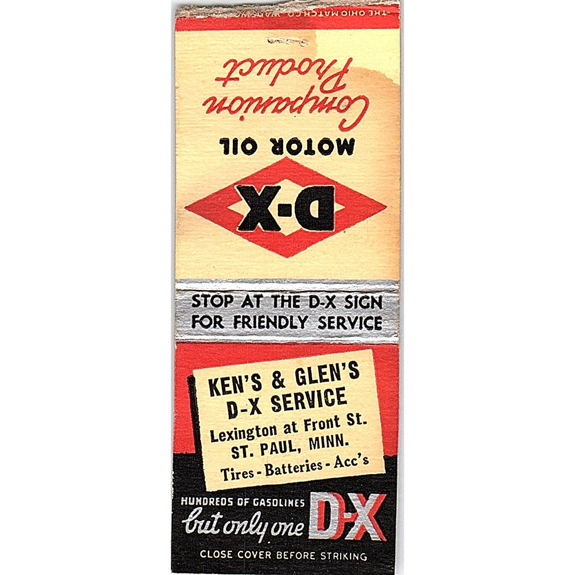 Ken's & Glen's D-X Service St. Paul MN D-X Motor Oil Vtg Matchbook Cover SC7-Y8