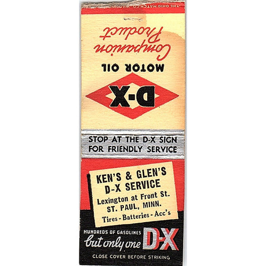 Ken's & Glen's D-X Service St. Paul MN D-X Motor Oil Vtg Matchbook Cover SC7-Y8