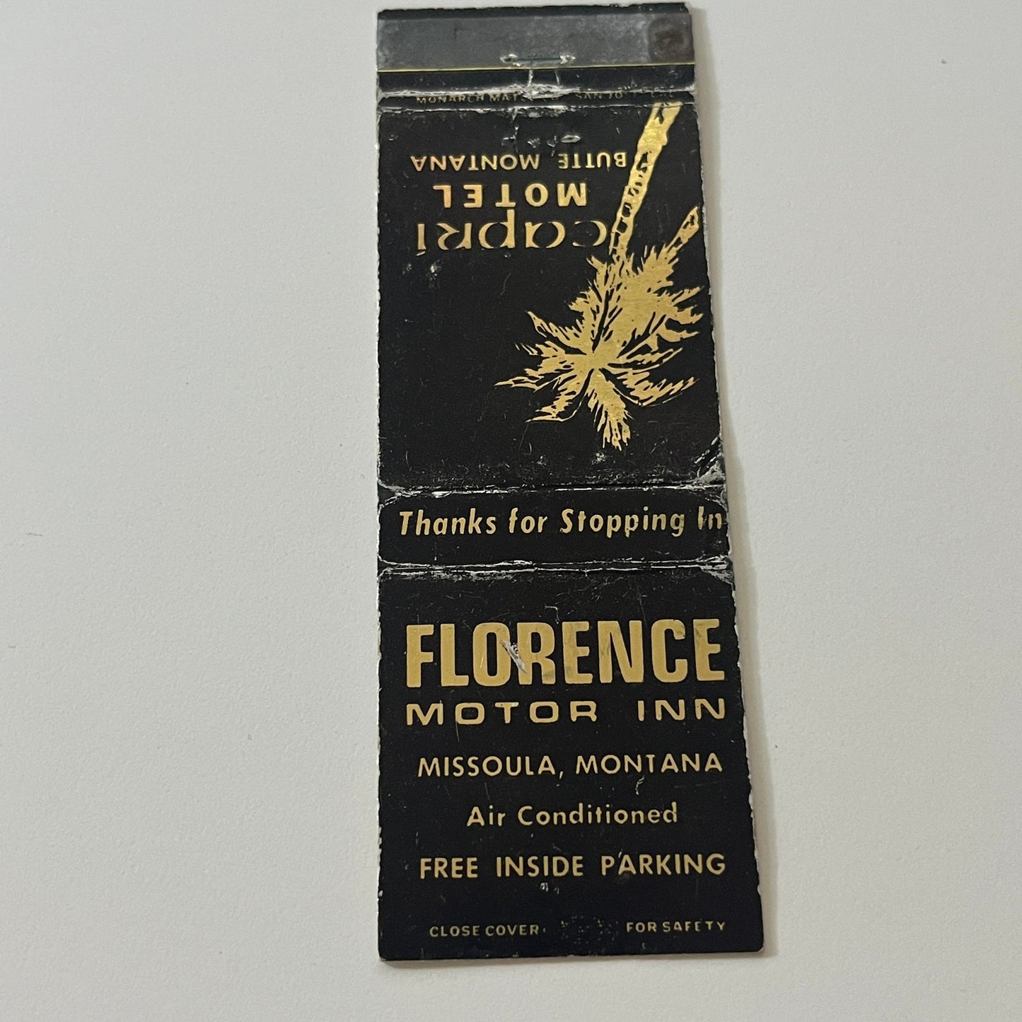 Capri Motel Butte, Florence Motor Inn Missoula MT Matchbook Cover TB6-MB2-5