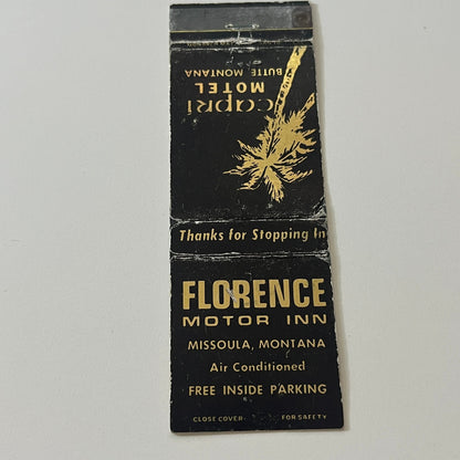 Capri Motel Butte, Florence Motor Inn Missoula MT Matchbook Cover TB6-MB2-5
