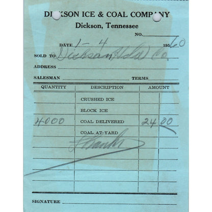 1960 Dickson Ice & Coal Company Tennessee Letterhead Receipt D18