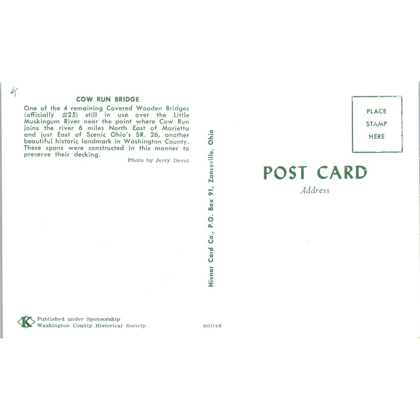 Cow Run Bridge #25 Marietta Ohio Covered Bridge Postcard PC5