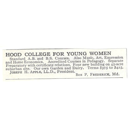 Hood College for Young Women Joseph H. Apple Frederick MD c1918 Advert AE5-SA8