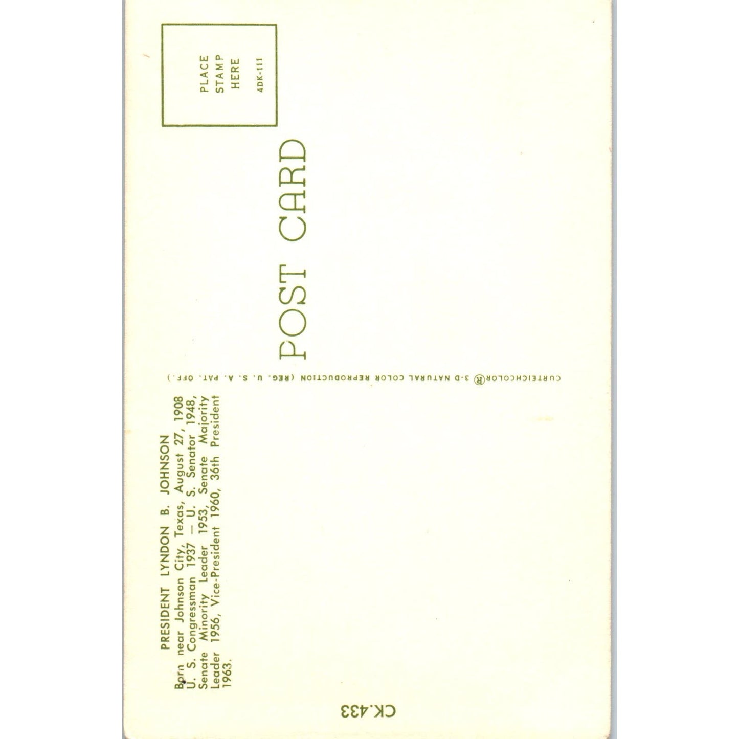 President Lyndon B. Johnson Portrait Vintage Postcard PC16