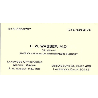 American Board of Orthopedic Surgery E.W Wassef Lakewood CA Business Card SF3-B8