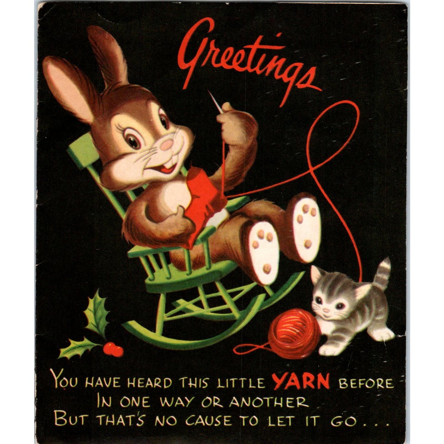 1953 Christmas Pop Up Greeting Card Bunny in Rocking Chair Kitten Yarn AE2