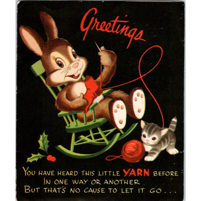 1953 Christmas Pop Up Greeting Card Bunny in Rocking Chair Kitten Yarn AE2