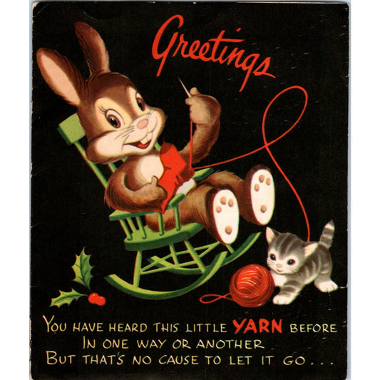 1953 Christmas Pop Up Greeting Card Bunny in Rocking Chair Kitten Yarn AE2
