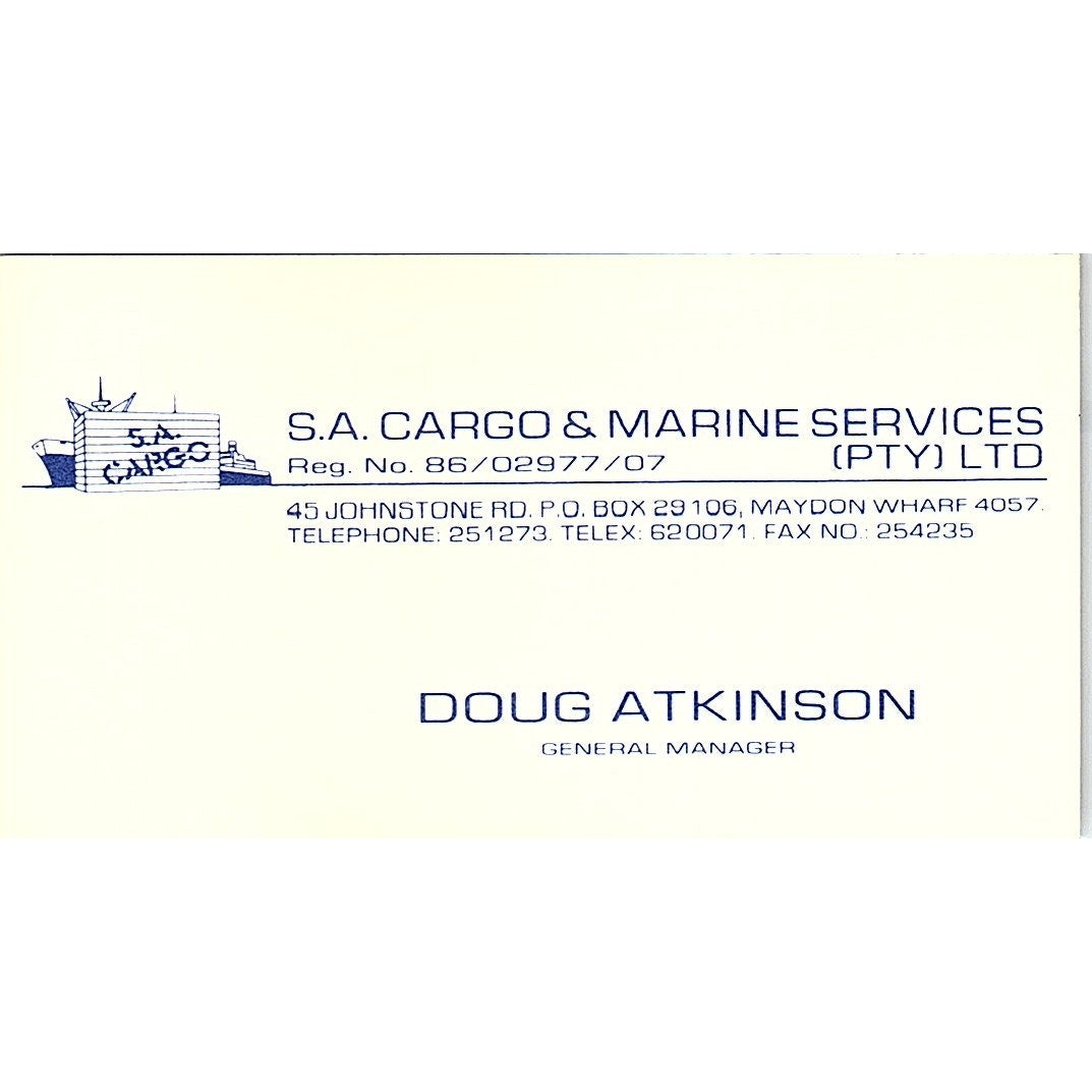 Dough Atkinson S.A. Cargo & Marine Services Maydon Wharf Business Card SD9-B8