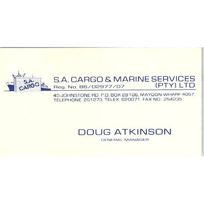 Dough Atkinson S.A. Cargo & Marine Services Maydon Wharf Business Card SD9-B8