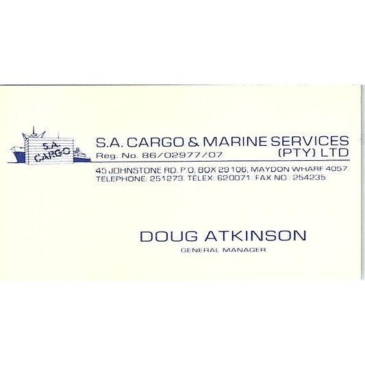 Dough Atkinson S.A. Cargo & Marine Services Maydon Wharf Business Card SD9-B8