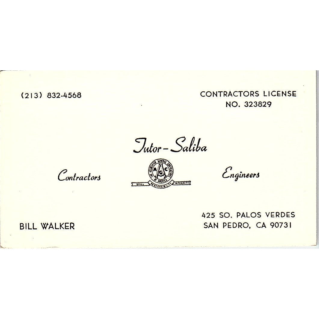 Bill Walker Tutor-Saliba Contractors San Pedro CA Vintage Business Card SD9-B3