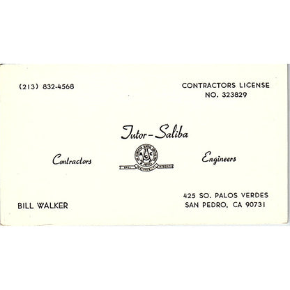 Bill Walker Tutor-Saliba Contractors San Pedro CA Vintage Business Card SD9-B3