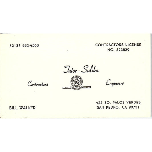 Bill Walker Tutor-Saliba Contractors San Pedro CA Vintage Business Card SD9-B3