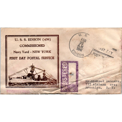 1941 WWII USS Edison Commissioned First Day Postal Cover AB6-TZ