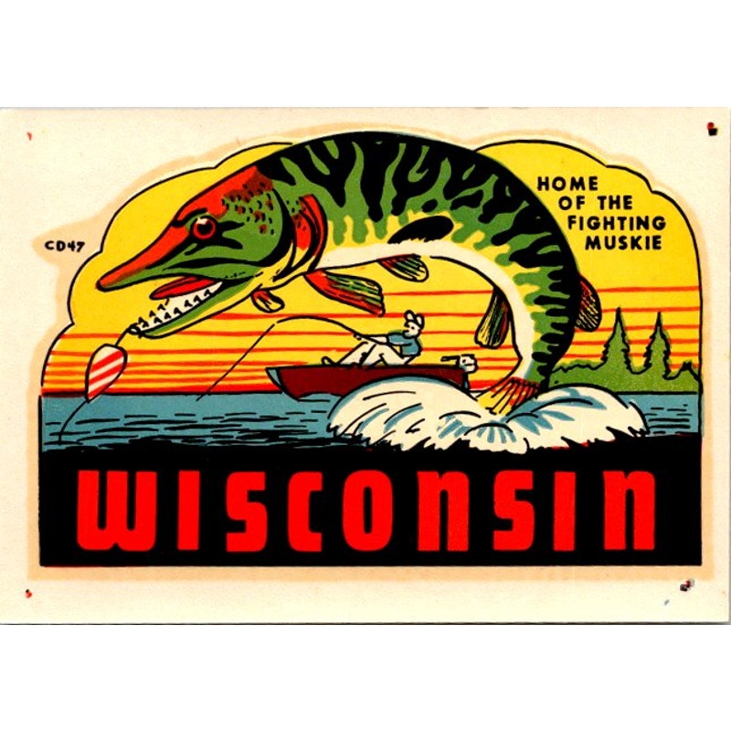 Vintage Original Wisconsin Home of the Muskie c1950 Auto Travel Decal AI9-M28
