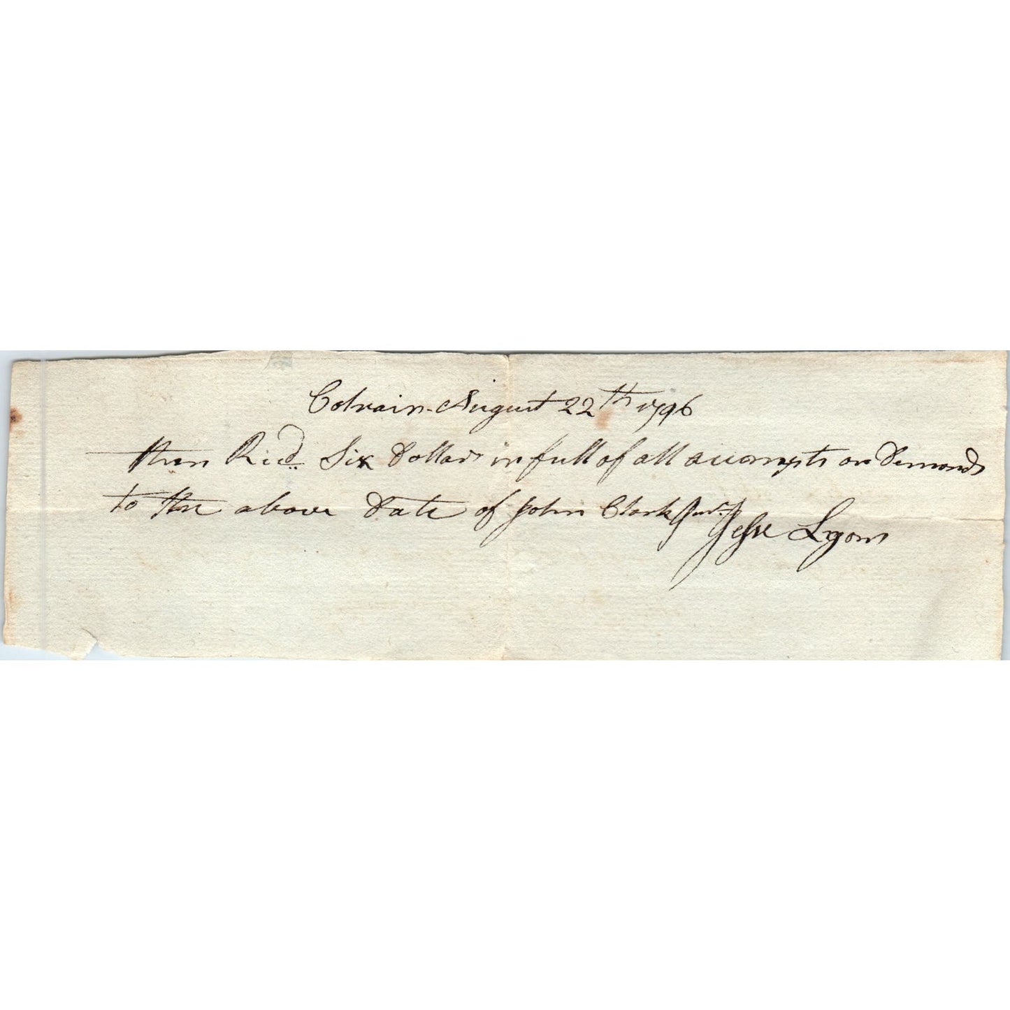 1796 Handwritten Receipt Colrain Massachusetts John Clark Jefre Lyon AE6-09