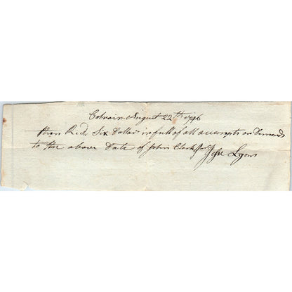 1796 Handwritten Receipt Colrain Massachusetts John Clark Jefre Lyon AE6-09