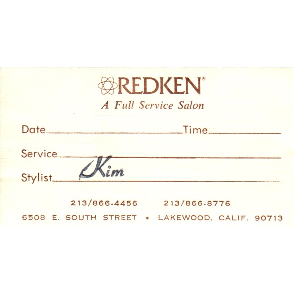 The Hair Fixers Redken Salon Kim Lakewood CA Vintage Business Card SD8-B11