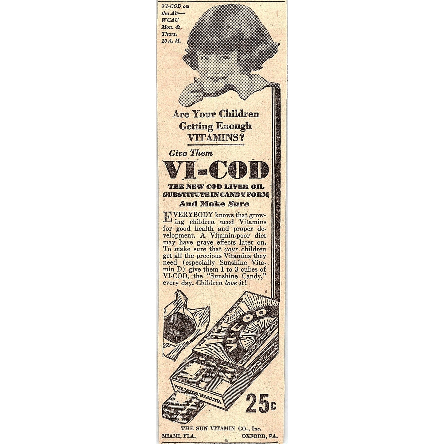 Vi-Cod Cod Liver Oil Substitute Sun Vitamin Co Miami Florida 1931 Ad AG3-4