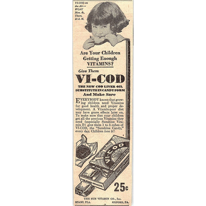 Vi-Cod Cod Liver Oil Substitute Sun Vitamin Co Miami Florida 1931 Ad AG3-4