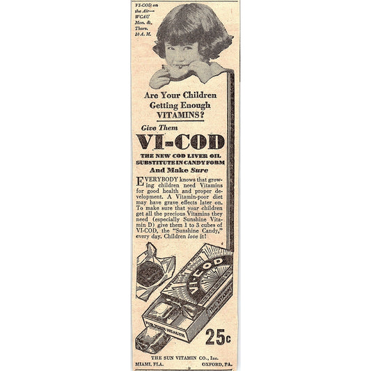Vi-Cod Cod Liver Oil Substitute Sun Vitamin Co Miami Florida 1931 Ad AG3-4