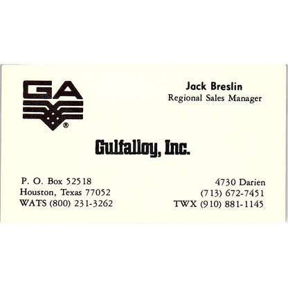 Gulfalloy Inc Jack Breslin Houston Texas Vintage Business Card SB4-B9