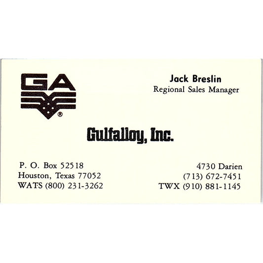 Gulfalloy Inc Jack Breslin Houston Texas Vintage Business Card SB4-B9