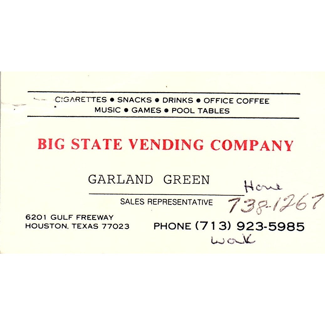 Garland Green Big State Vending Co Houston Vintage Business Card SE5-B1