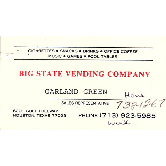 Garland Green Big State Vending Co Houston Vintage Business Card SE5-B1