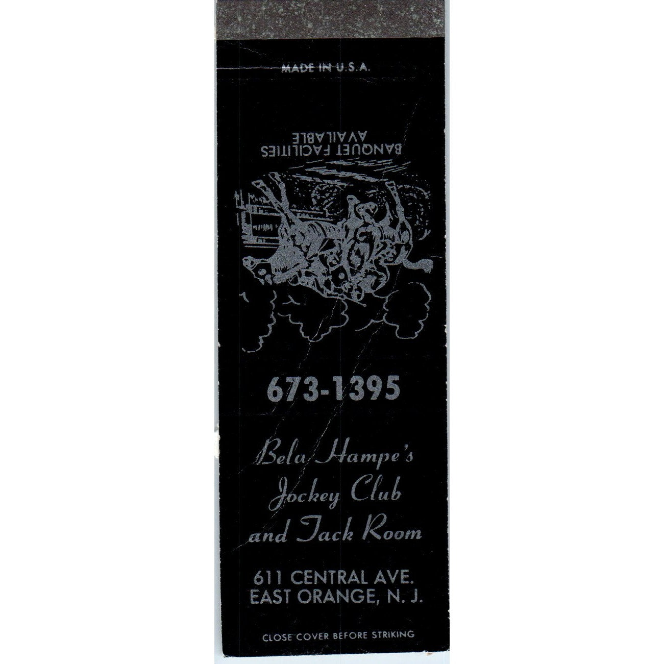 Bela Hampe's Jockey Club and Jack Room East Orange NJ Vintage Matchbook SD4-Y1