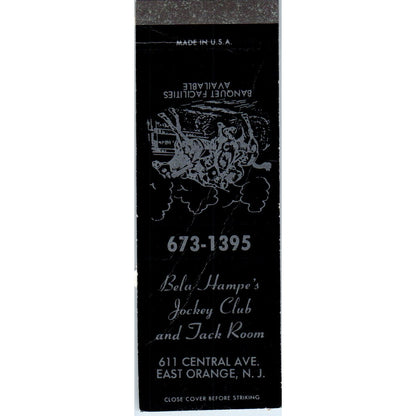 Bela Hampe's Jockey Club and Jack Room East Orange NJ Vintage Matchbook SD4-Y1