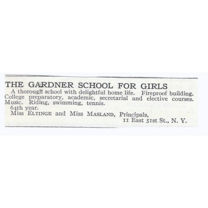 Gardner School for Girls Eltinge & Masland c1918 Original Advertisement AE5-SV4