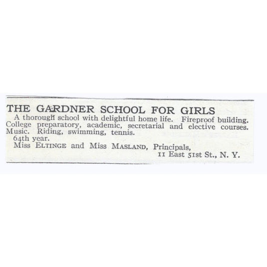 Gardner School for Girls Eltinge & Masland c1918 Original Advertisement AE5-SV4