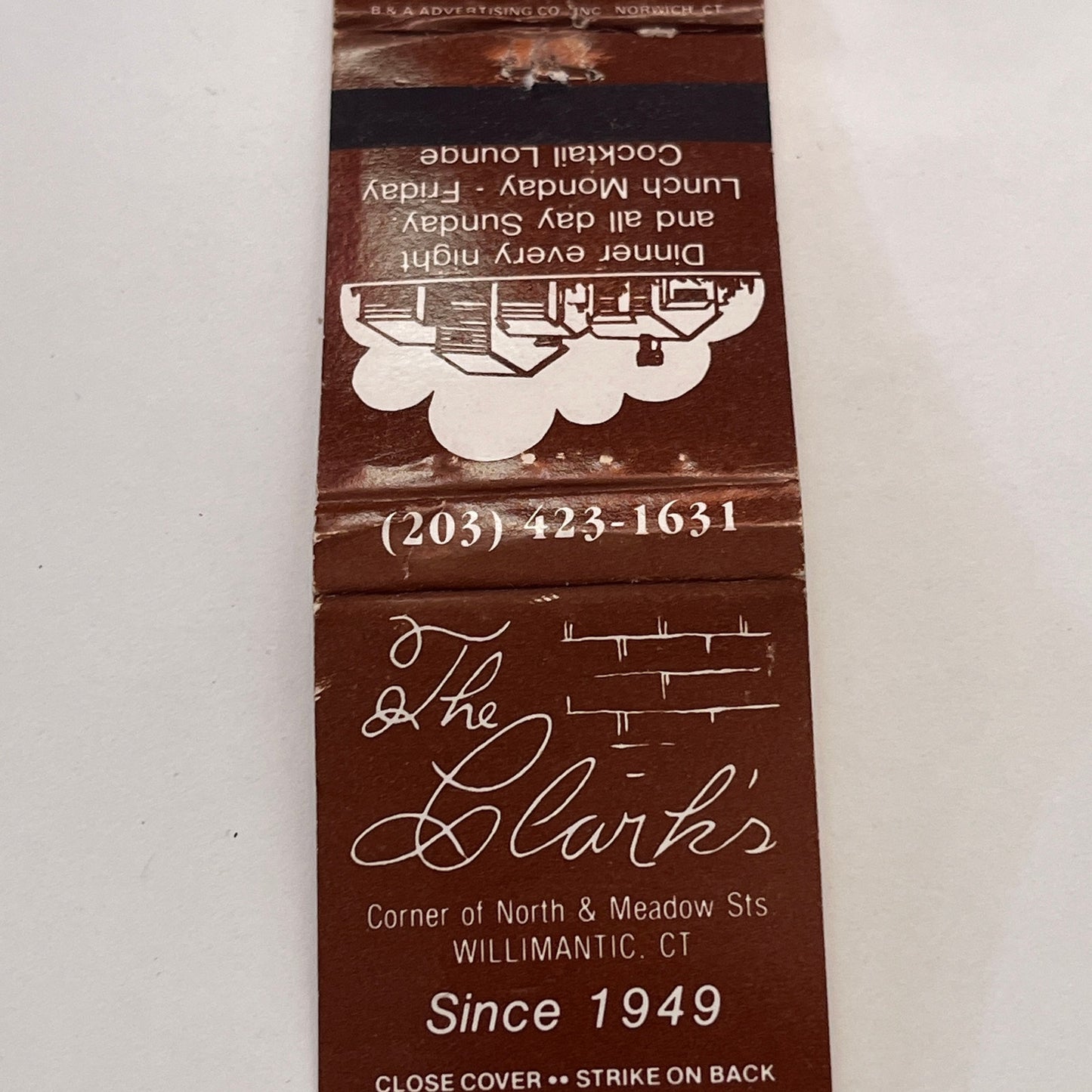 The Clark's Restaurant North & Meadow St Willimantic CT Matchbook MM3-1