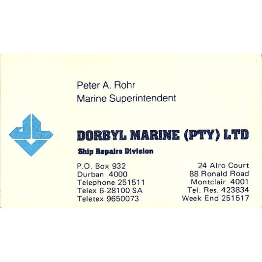 Peter H. Rohr Dorbyl Marine Durban Vintage Business Card SD9-B8