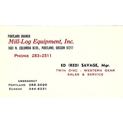 Ed Red Savage Mill-Equipment Inc Portland Eugene OR Vintage Business Card SD9-B4