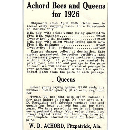 W.D. Achord Bees and Queens Fitzpatrick Alabama 1926 Ad AG3-M8