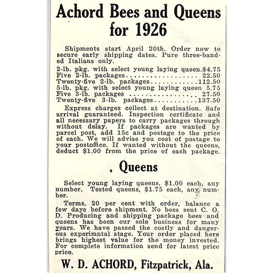 W.D. Achord Bees and Queens Fitzpatrick Alabama 1926 Ad AG3-M8