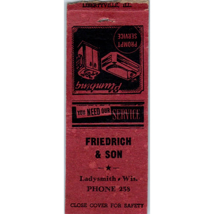 Friedrich & Son Plumbing Ladysmith WI Vintage Matchbook Cover SD2-Y3
