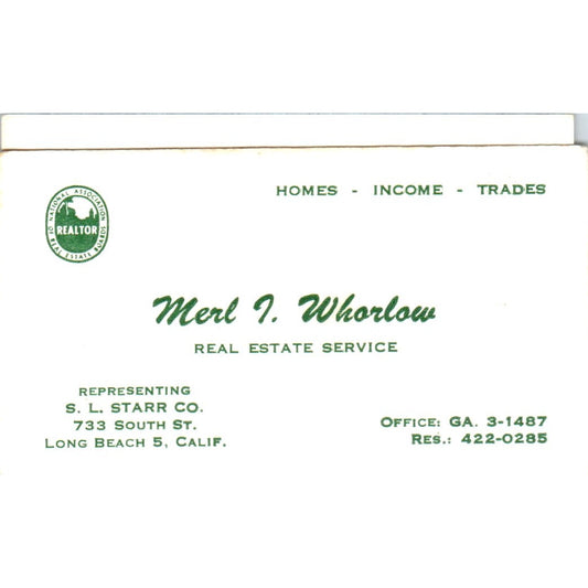 Merl Whorlow Real Estate S.L. Starr Long Beach CA Vintage Business Card SD8-B1