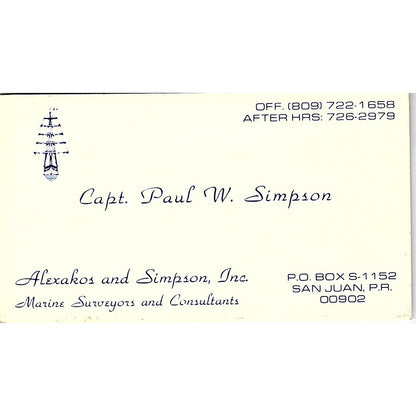 Alexakos and Simpson, Inc. Capt. Paul W. Simpson San Juan PR Card SSB4-B13