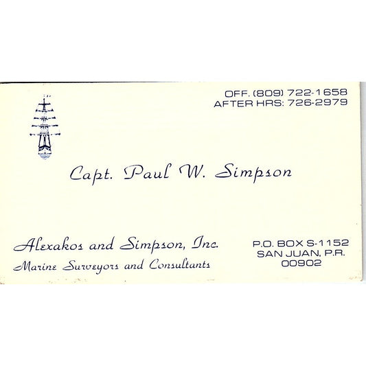 Alexakos and Simpson, Inc. Capt. Paul W. Simpson San Juan PR Card SSB4-B13