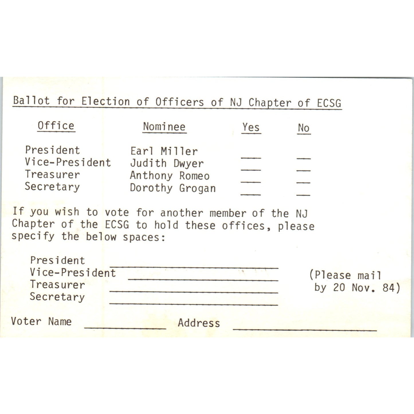 1984 Somerville NJ Chapter ECSG Officer Election Ballot Postal Card PD7